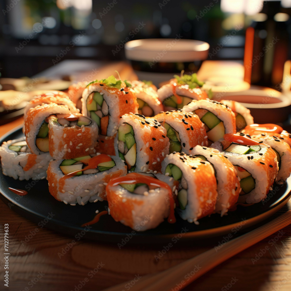 A plate of freshly made sushi rolls with soy sauce A plate of freshly made sushi rolls with soy sauce