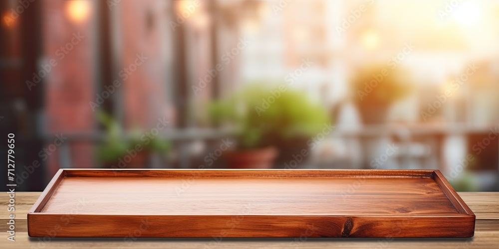 Wooden tray on table with blur restaurant background, perfect for product display or design layout. Wooden tray on table with blur restaurant background, perfect for product display or design layout.