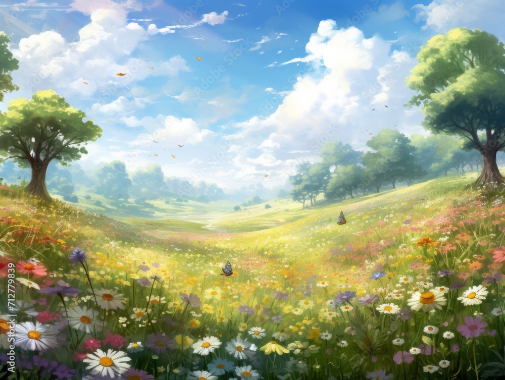 Sunny meadow with vibrant flowers and butterflies under blue sky