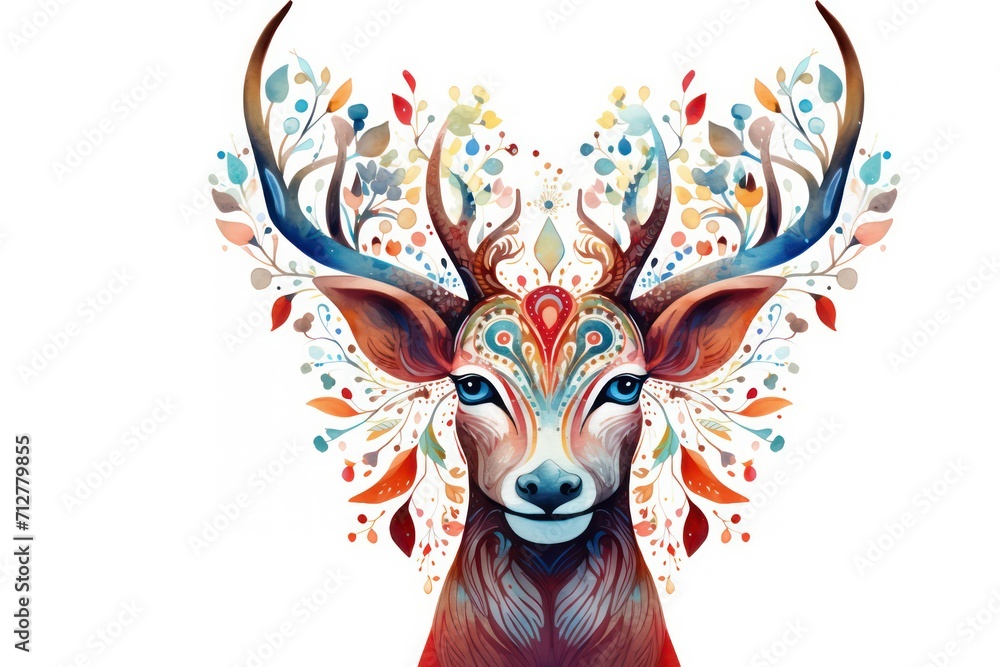 Colorful artistic deer with ornate floral-patterned antlers