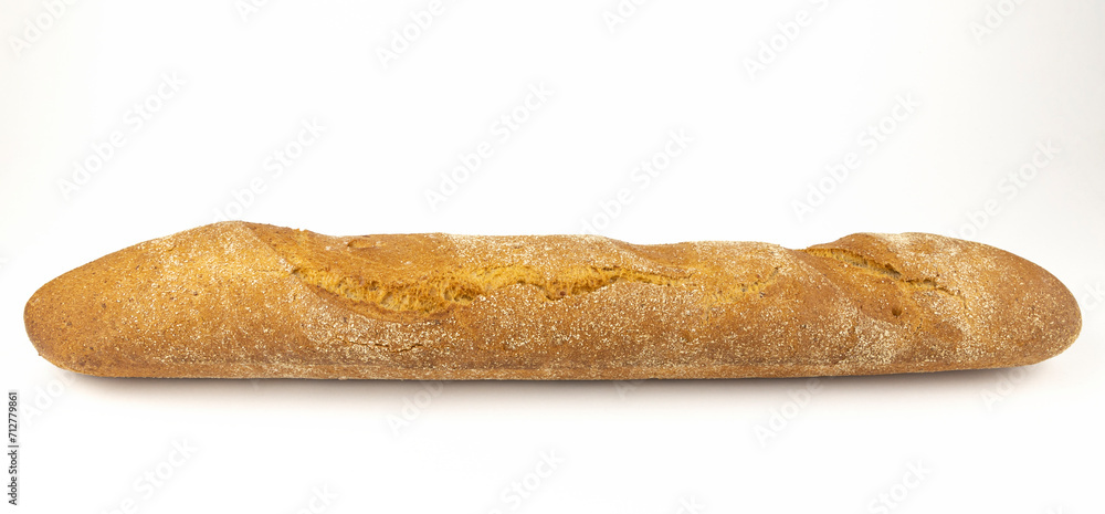 French baguette, a whole buckwheat baguette on a white background. French baguette, a whole buckwheat baguette on a white background.