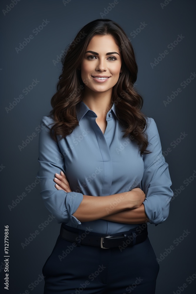 Confident professional in blue shirt with crossed arms on dark background Confident professional in blue shirt with crossed arms on dark background