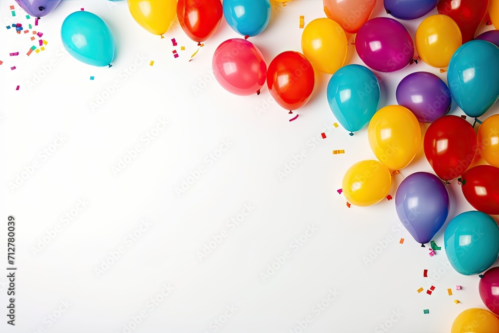 Colorful balloons and confetti on a white backdrop Colorful balloons and confetti on a white backdrop