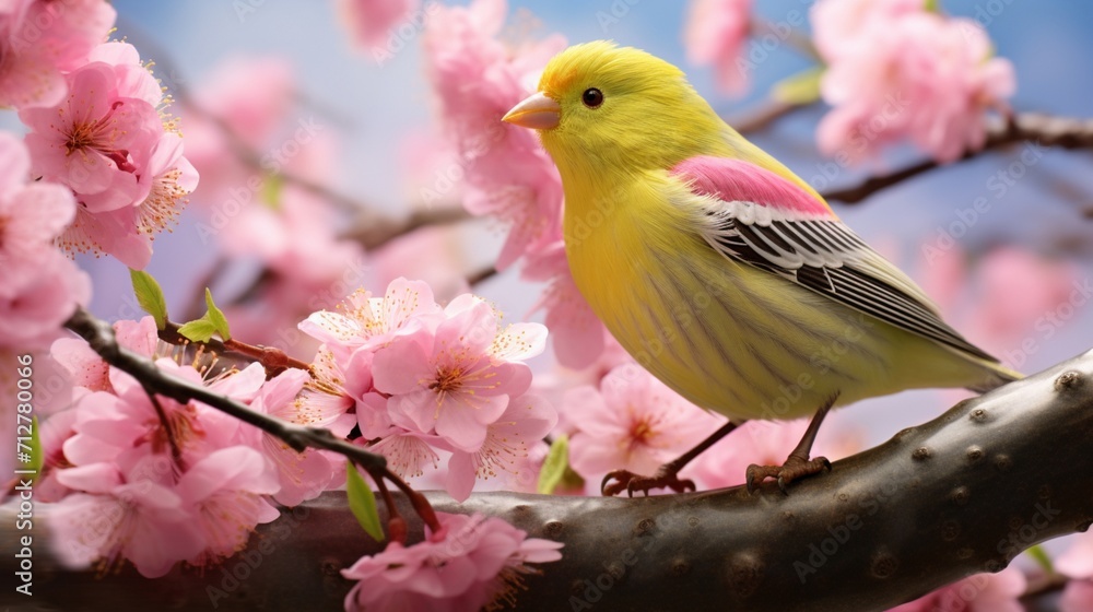 Enchanting Scene of a Canary Singing Joyfully Amidst Lush Branches in Nature - AI-Generative