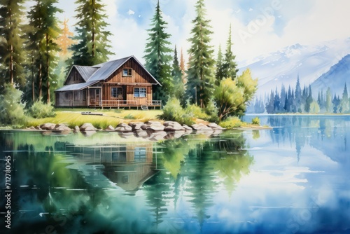 Serene lake cabin amidst lush greenery and mountains