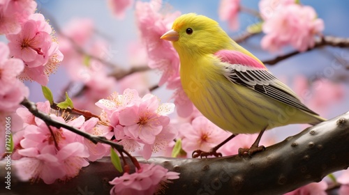 Enchanting Scene of a Canary Singing Joyfully Amidst Lush Branches in Nature - AI-Generative
