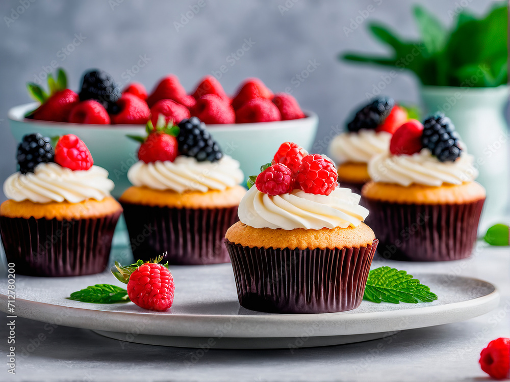 Homemade baked muffins with fresh berries on top Homemade baked muffins with fresh berries on top