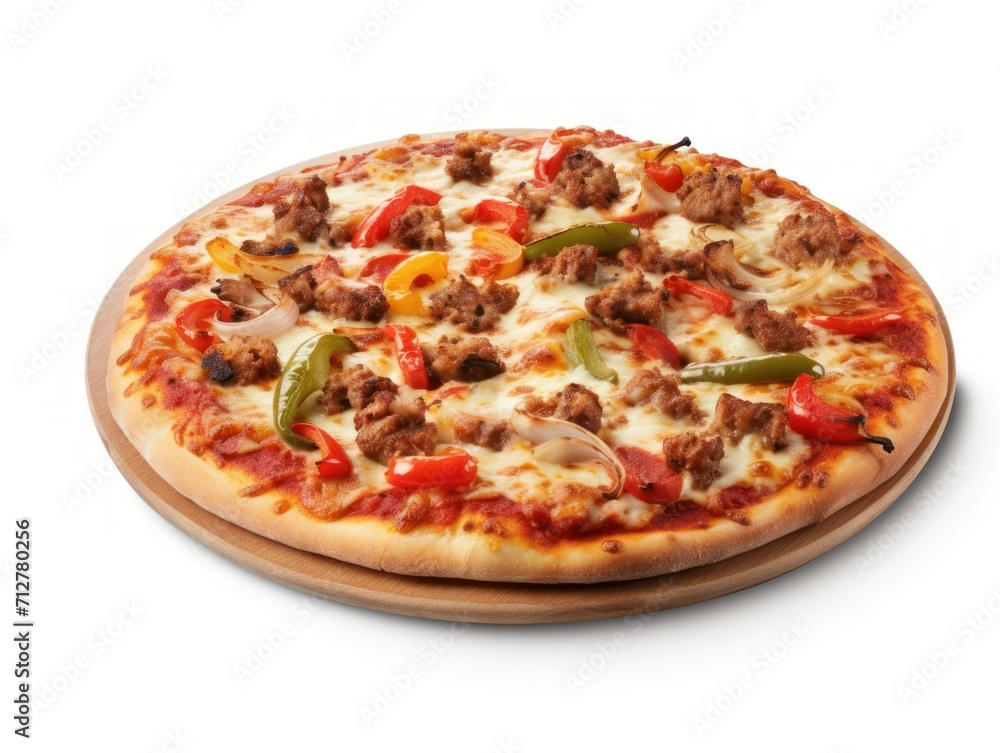 Freshly baked pizza with colorful peppers and savory meat topping