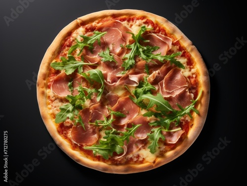 Delicious Italian pizza with prosciutto and arugula on a black background