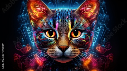 Fantasy cat neon psychedelic darkness beautiful image Ai generated art © Shyamal