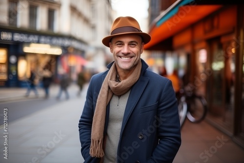 Portrait of a handsome man in hat and coat walking in the city © Inigo