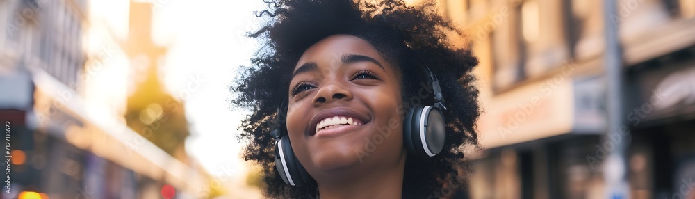 Portrait of a black teenage female smiling while wearing wireless headphones against city streets background, generative AI, background image - obrazy, fototapety, plakaty 