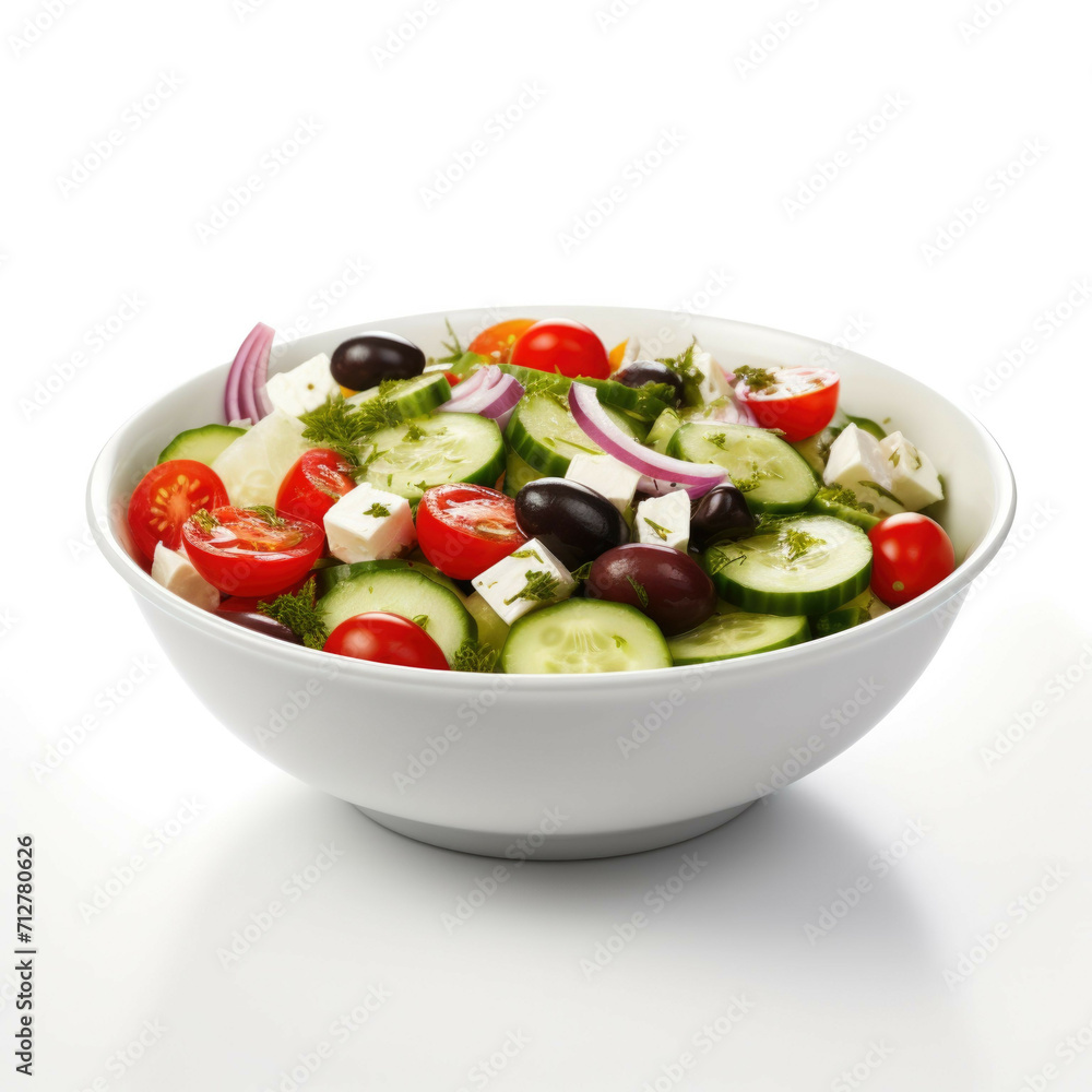 A bowl of fresh salad with tomatoes, cucumbers, and olives, isolated on white background A bowl of fresh salad with tomatoes, cucumbers, and olives, isolated on white background