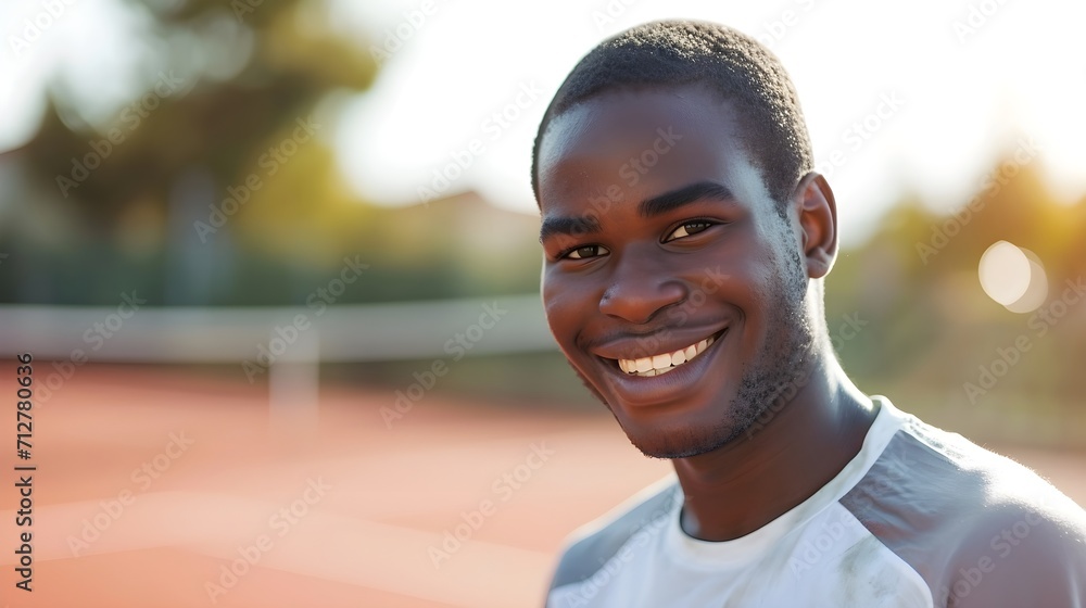 Smiling black male tennis player on the field, generative AI, background image Smiling black male tennis player on the field, generative AI, background image