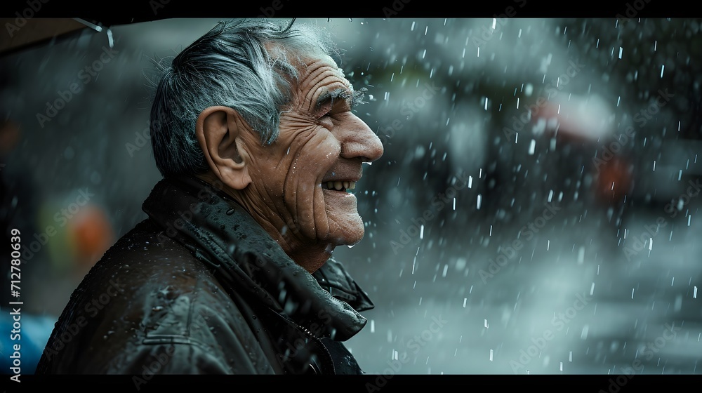 Side view portrait of a smiling elderly white male drenched in the pouring rain, generative AI, background image Side view portrait of a smiling elderly white male drenched in the pouring rain, generative AI, background image