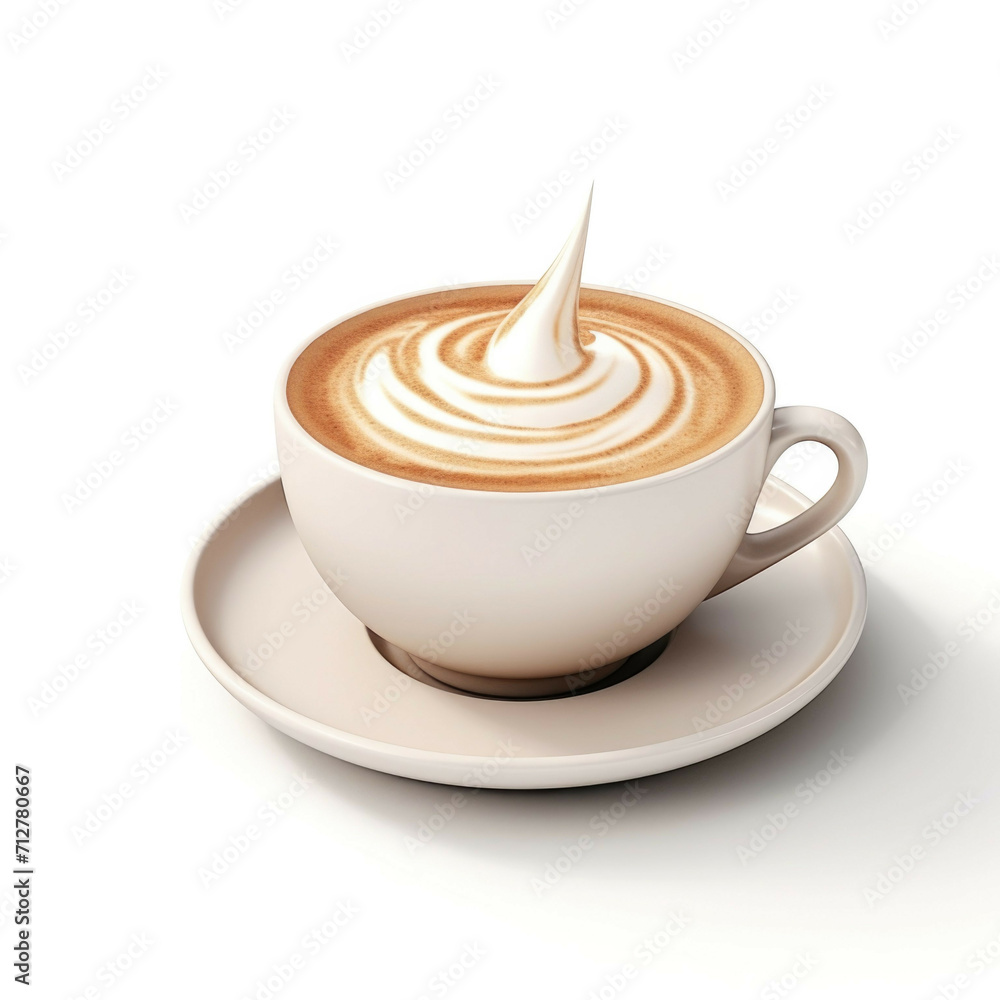 A steaming cup of cappuccino with a swirl of cream, isolated on white background A steaming cup of cappuccino with a swirl of cream, isolated on white background