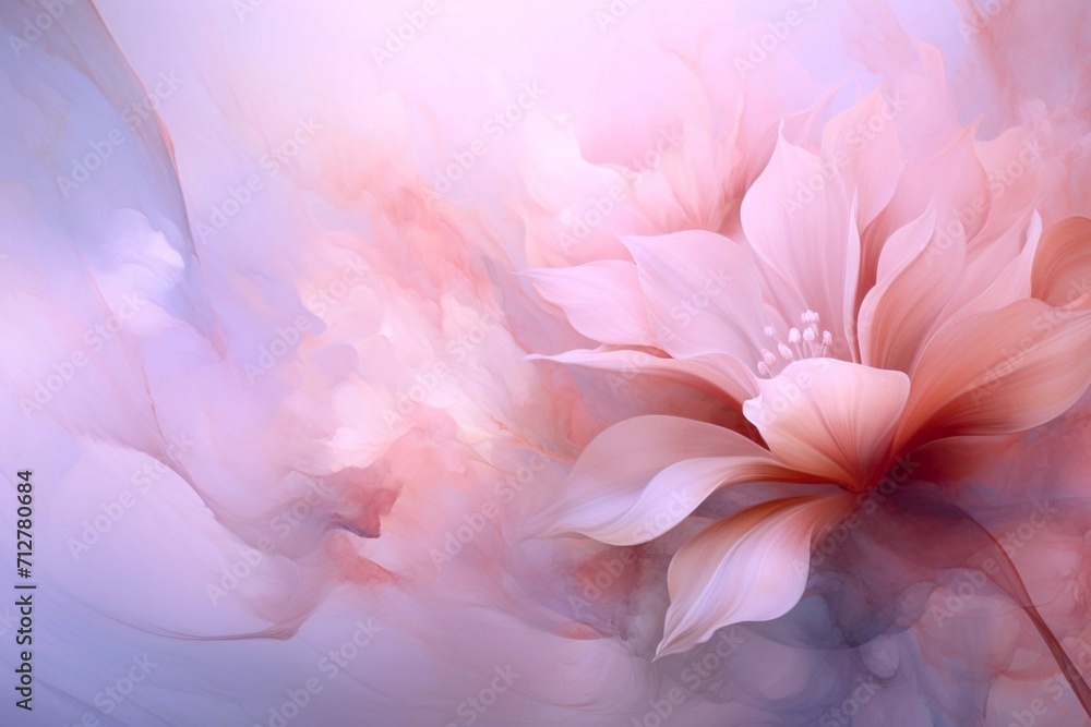 Abstract painting technique. Pale pink peach fuzz flowers and leaves on lilac background with free space for text. Luminous golden texture. Print, wall paper, poster, card, decoration, wall painting Abstract painting technique. Pale pink peach fuzz flowers and leaves on lilac background with free space for text. Luminous golden texture. Print, wall paper, poster, card, decoration, wall painting
