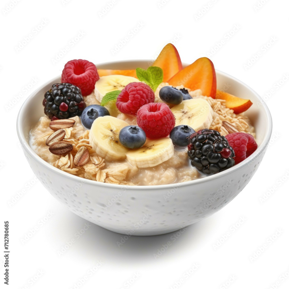 A bowl of freshly cooked oatmeal with a variety of toppings isolated on white background A bowl of freshly cooked oatmeal with a variety of toppings isolated on white background