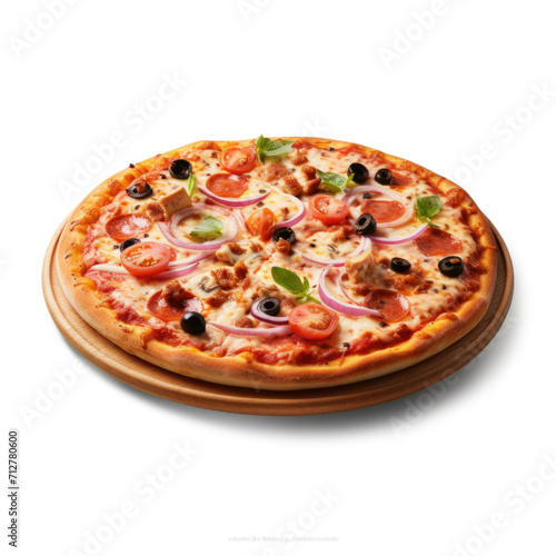 A freshly baked pizza with a variety of toppings, isolated on white background