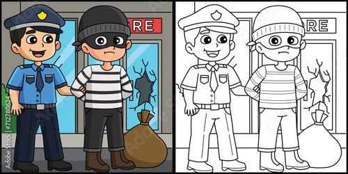 Police Man Arresting a Thief Coloring Illustration