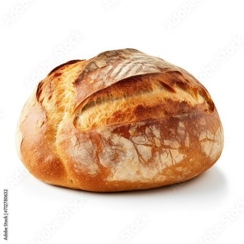 A freshly-baked loaf of sourdough bread with a golden crust, isolated on white background