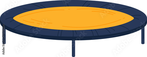 Round outdoor trampoline with yellow and blue colors, no people. Kids fun equipment, fitness and backyard play concept vector illustration.