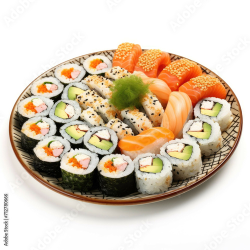 A plate of assorted sushi rolls with a side of wasabi and ginger, isolated on white background