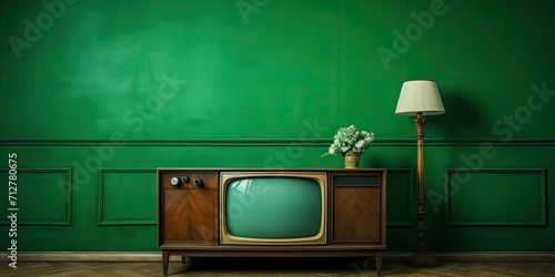 Vintage concept with chroma key template display on dated TV set, in nostalgic living room with old mirror and furniture.