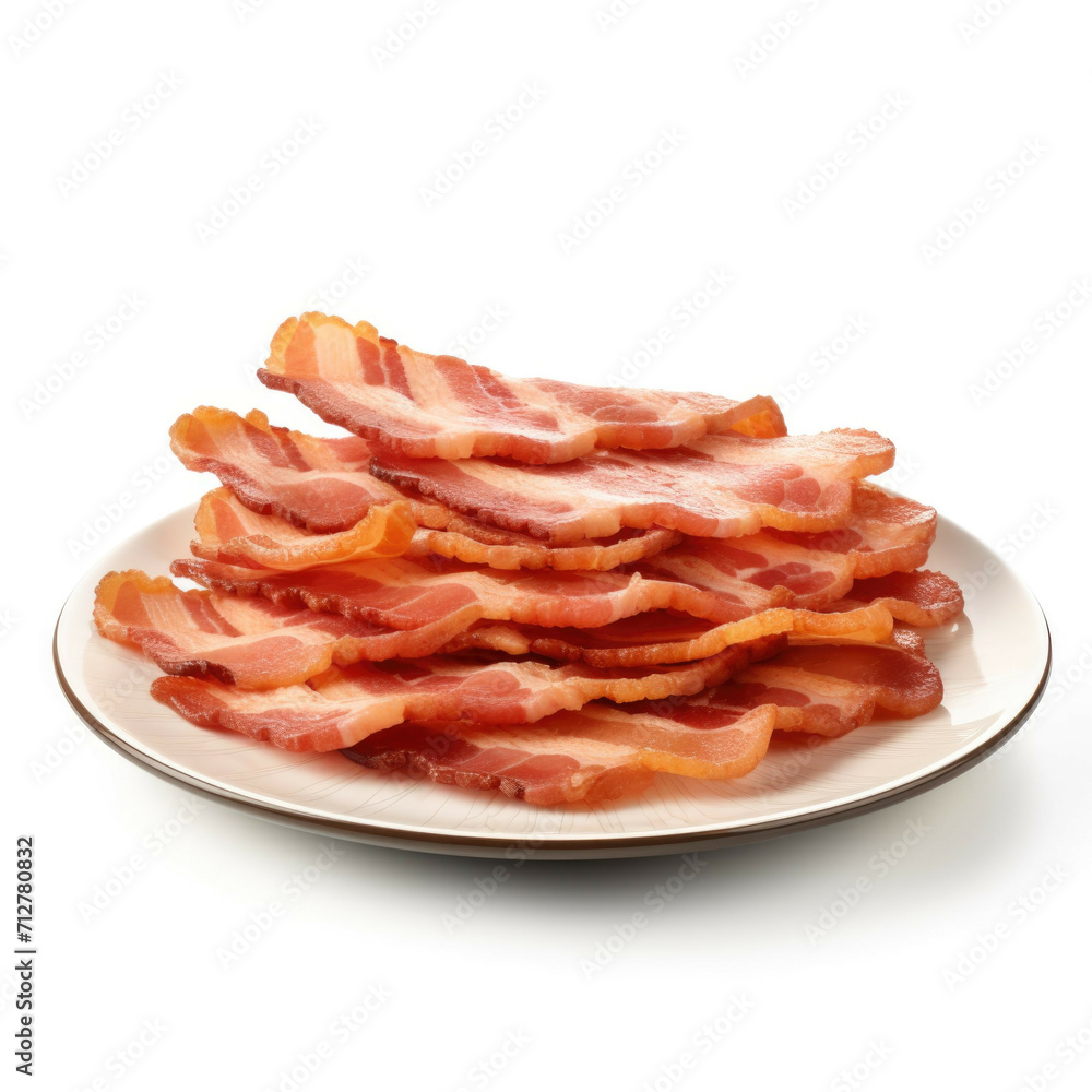A plate of freshly cooked bacon strips, isolated on white background