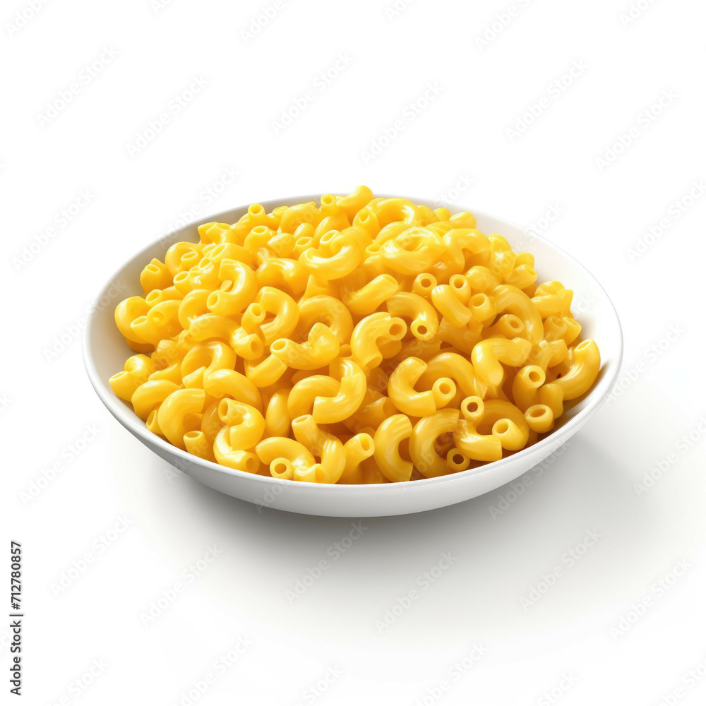 A plate of freshly cooked mac and cheese, isolated on white background