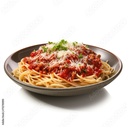 A plate of spaghetti with tomato sauce and freshly grated cheese, isolated on white background