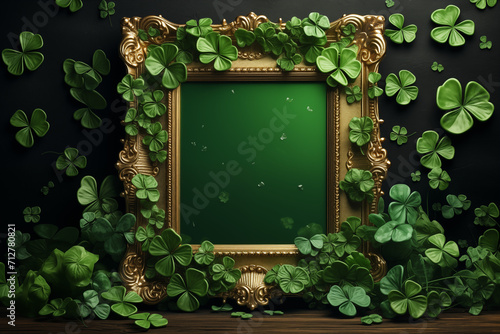 St patricks day background, chalcboard and green heat, clover leafs. High quality photo photo