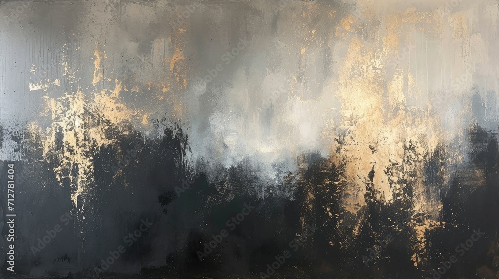 Dark abstract painting in black and silver with gold accents, modern decoration, contemporary art