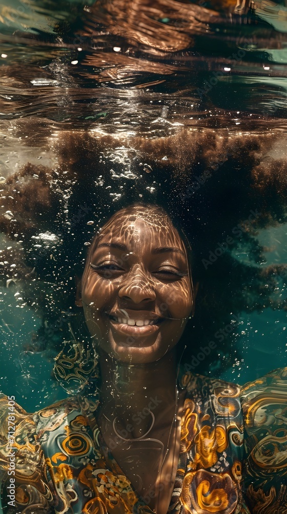 River underwater portrait of a smiling black female, generative AI, background image