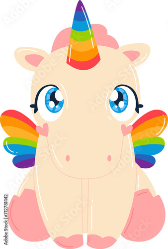 Cute cartoon baby unicorn sitting with a rainbow mane and tail. Adorable fantasy creature with large eyes for kids design. Magical animals and childhood dreams vector illustration.
