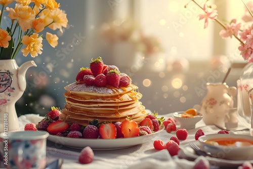 Delectable pancake stack with juicy berries and a dusting of sugar