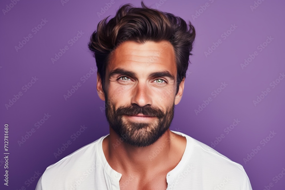 Portrait of a handsome young man looking at camera and smiling while standing against purple background Portrait of a handsome young man looking at camera and smiling while standing against purple background