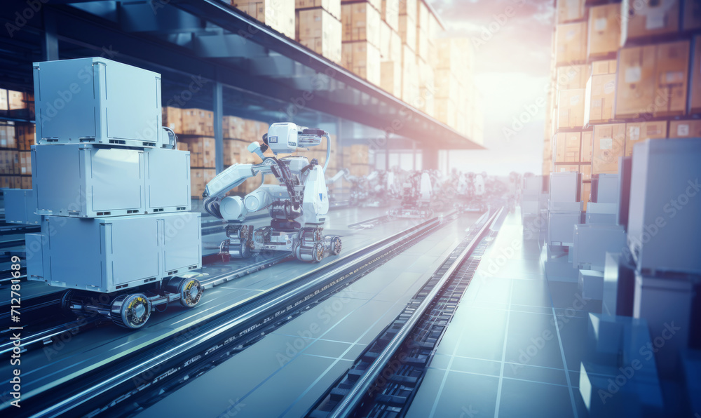 Naklejka premium The process of shipment of cargo by a transport robot for delivery at the warehouse. Automated guided vehicle in warehouse logistics. Generative AI