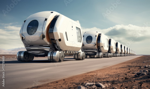 A row of futuristic logistic cargo trucks on desert road. Futuristic automated guided vehicles, intelligent delivery robots. Generative AI