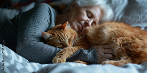 senior woman sleeping in her bed with cat, generative AI