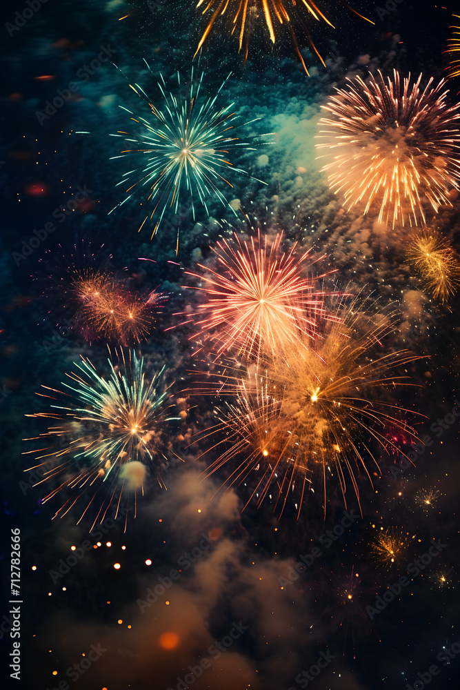 Close-up of fireworks against a backdrop of blurred lights. Focus on the intricate details of the explosive display, capturing the dynamic energy and vibrant colors.