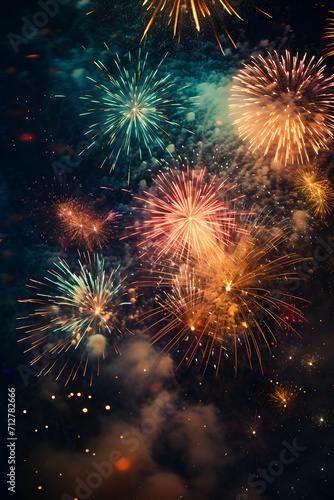 Close-up of fireworks against a backdrop of blurred lights. Focus on the intricate details of the explosive display, capturing the dynamic energy and vibrant colors.