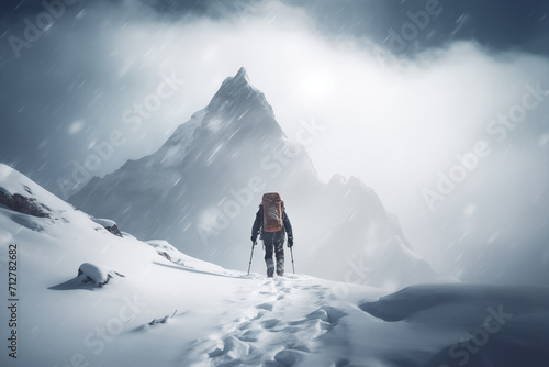 Lone Mountaineer Alpinist Approaching Snowy Peak