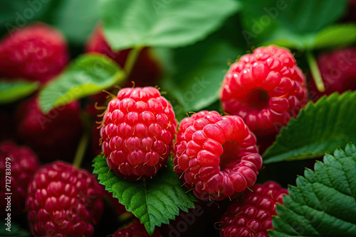 Organic ripe raspberries on a branch, fresh fruit.