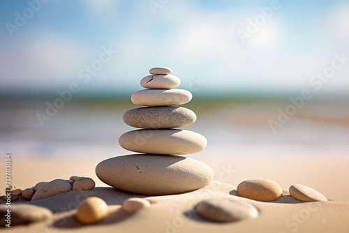 Zen stones stack on sand waves in a minimalist setting for balance and harmony