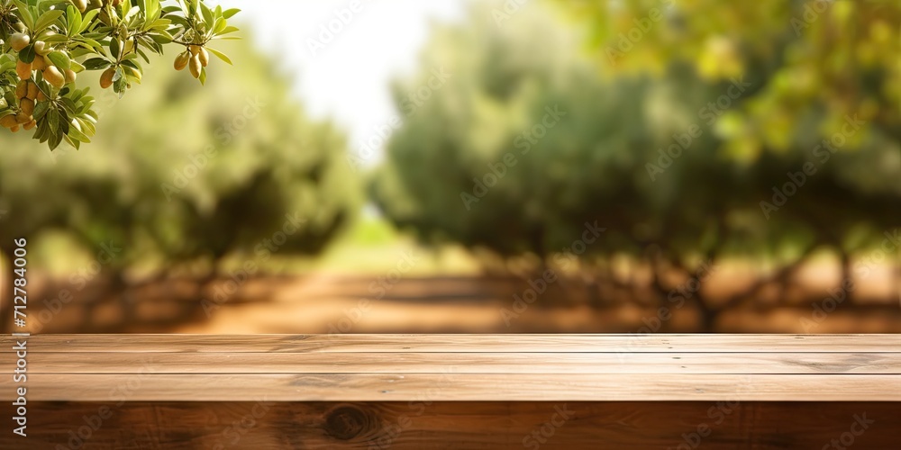 Empty wooden table with blurred background of trees on an agricultural farm - ideal for showcasing products.