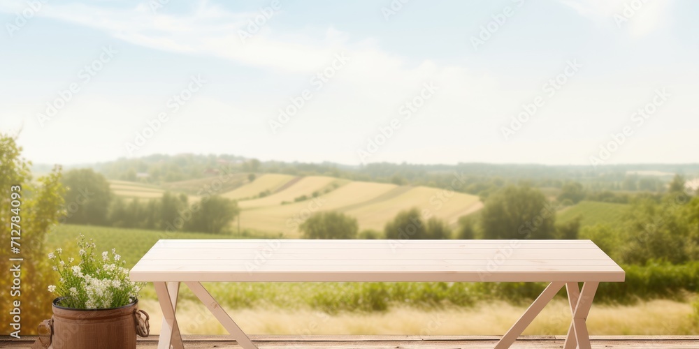 Display products advertisement on a natural summer landscape with a beige wood table.