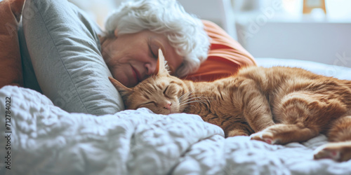 senior woman sleeping in her bed with cat, generative AI photo