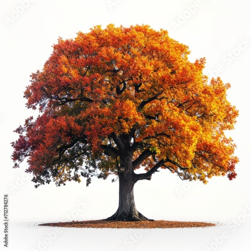 Oak tree, enchanting picture That changes beautifully throughout the fall. with leaves changing color Set against a serene white background.