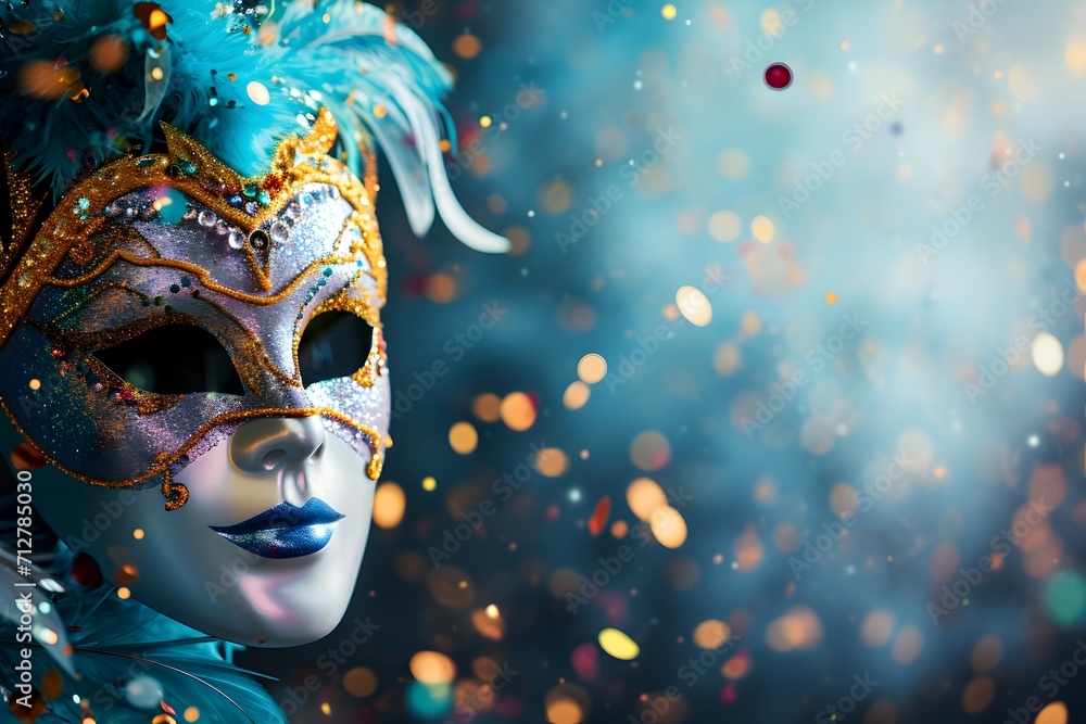 A dazzling masquerade mask lying amidst a shower of confetti